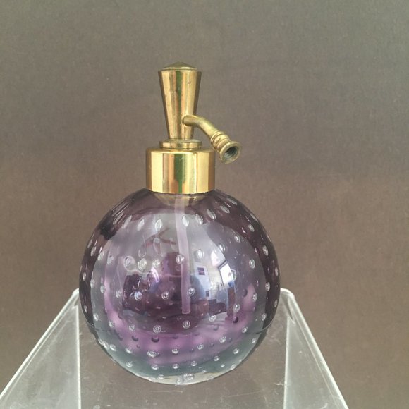 Vintage Tilso Perfume Bottle Amethyst Controlled Bubble Art Glass Brass Japan - Picture 2 of 8